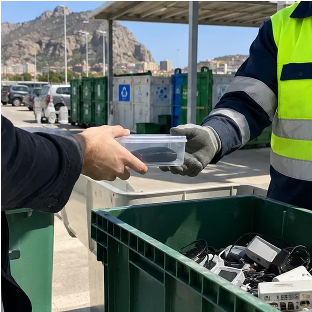 Consegna di una power bank gonfia a un addetto di un centro comunale di raccolta, separata dagli altri rifiuti elettronici.
