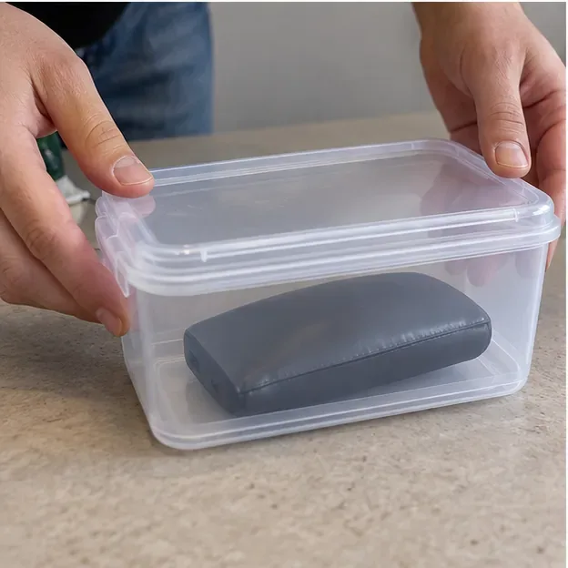 Power bank gonfia sistemata con cautela in un contenitore rigido per il trasferimento, dopo aver concordato il conferimento con il punto di raccolta.