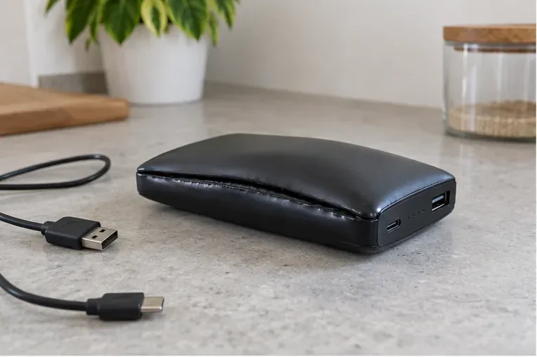 Power bank nera visibilmente gonfia appoggiata su un piano rigido con i cavi di ricarica scollegati