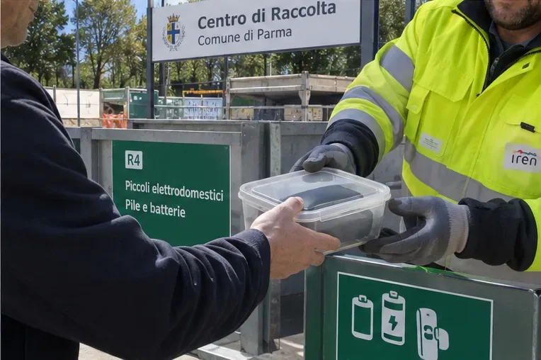 Utente che consegna un contenitore con una power bank a un operatore di un centro di raccolta presso l'area per piccoli RAEE e batterie