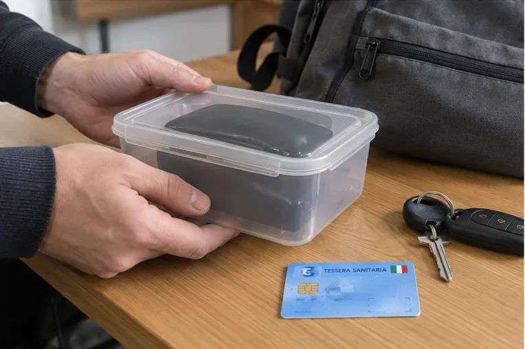 Contenitore rigido con una power bank gonfia pronto per il trasporto, accanto a tessera sanitaria, chiavi e zaino