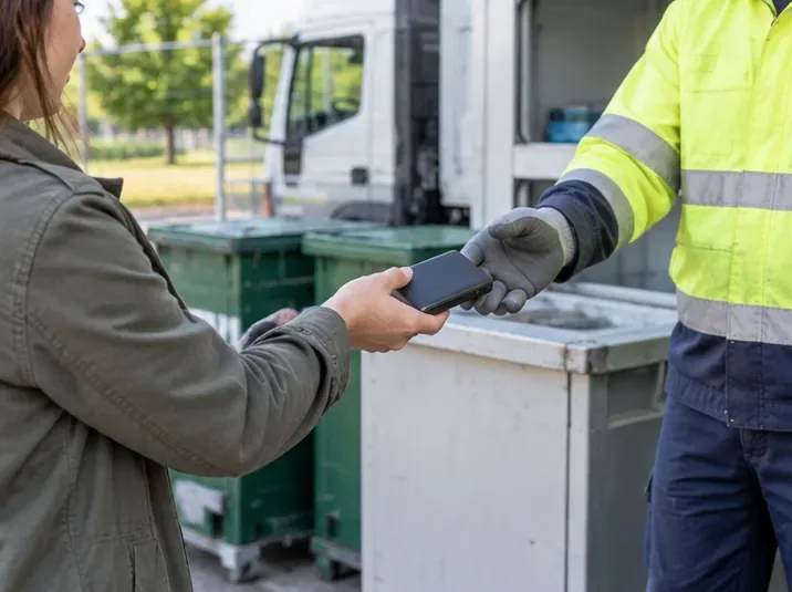 Cittadina che consegna un piccolo dispositivo elettronico a un operatore con guanti presso un punto di raccolta rifiuti