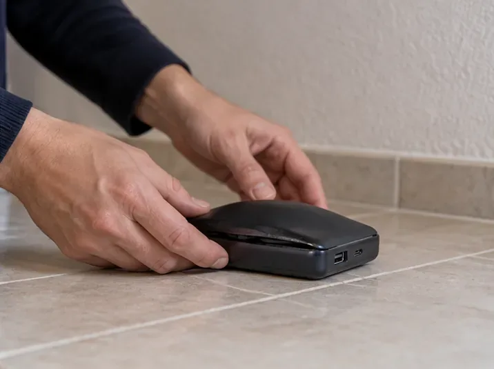 Mani che appoggiano con cautela una power bank gonfia su una superficie piastrellata