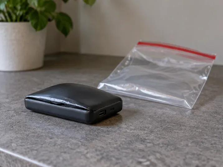 Power bank gonfia appoggiata su un piano non combustibile accanto a un sacchetto trasparente aperto