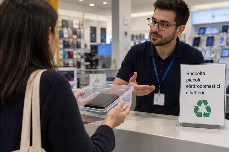 Una cliente mostra al personale di un negozio un contenitore con una power bank, accanto a un cartello di raccolta di piccoli elettrodomestici e batterie