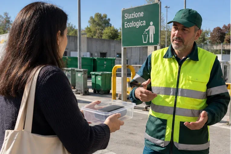 Una cittadina consegna un contenitore con una power bank a un operatore davanti a una Stazione Ecologica
