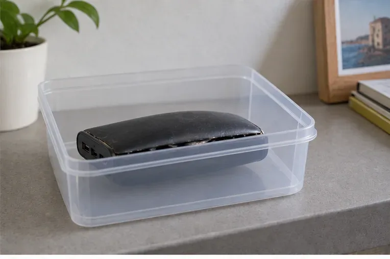 Una power bank gonfia appoggiata da sola in un contenitore rigido trasparente non metallico, senza altri oggetti a contatto