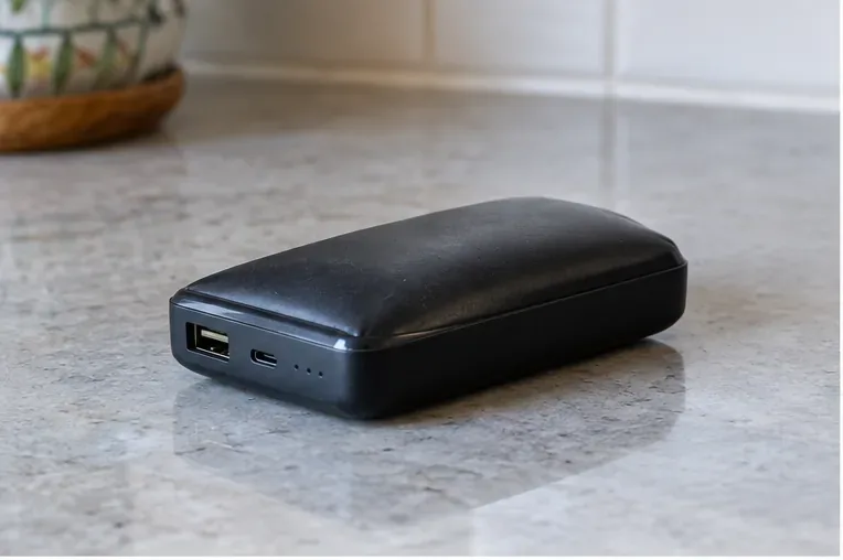 Una power bank nera con il guscio visibilmente bombato, scollegata e appoggiata su un piano ceramico