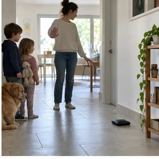 Persona che tiene lontani bambini e cane da una power bank isolata sul pavimento
