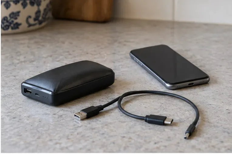 Una power bank deformata accanto a un telefono spento e a un cavo scollegato