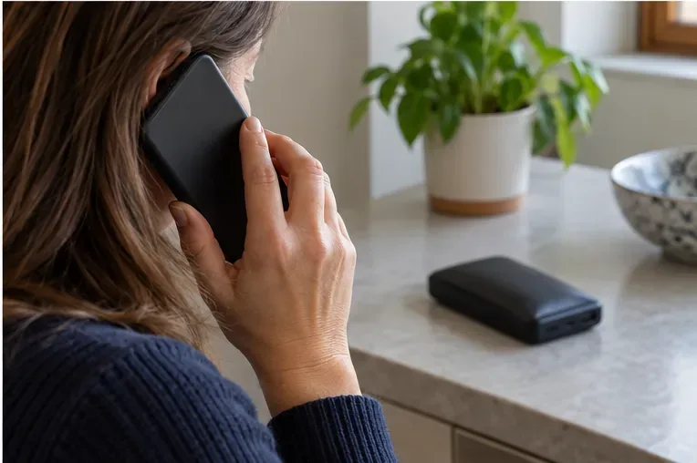 Una persona telefona per chiedere indicazioni di smaltimento mentre la power bank resta su un piano separato