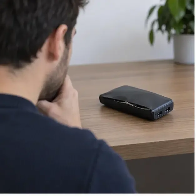 Persona che osserva da lontano una power bank gonfia appoggiata su un tavolo, senza toccarla