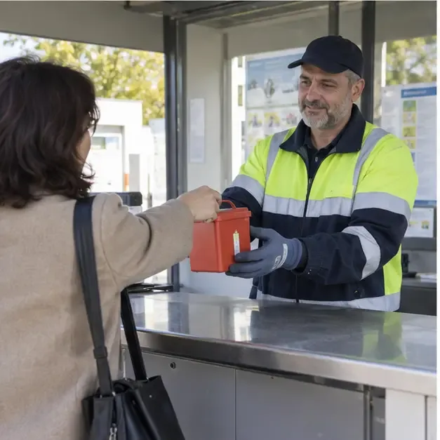 Addetto in abbigliamento protettivo che riceve un contenitore per batteria in un banco di servizio