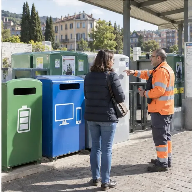 Area di raccolta comunale con contenitori distinti e addetto che indica il percorso a una residente