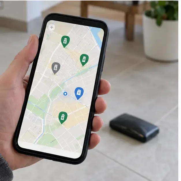 Telefono con una mappa generica dei punti di raccolta mentre una power bank gonfia resta isolata sul pavimento