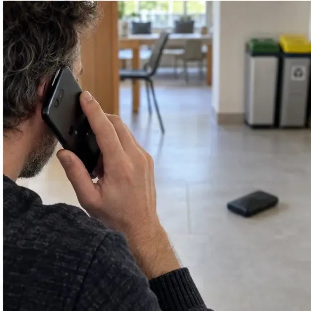 Persona che telefona mentre una power bank gonfia è visibile, isolata, sul pavimento alle sue spalle