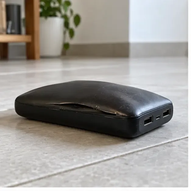 Power bank nera visibilmente gonfia e deformata, lasciata intatta su una superficie in ceramica
