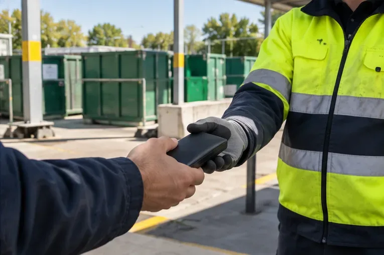 Consegna di una power bank a un operatore di un centro di raccolta attrezzato