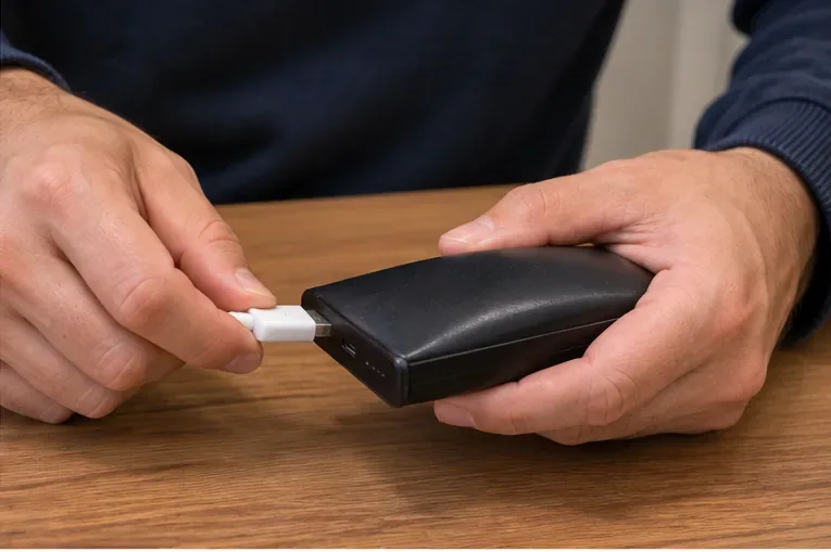 Persona che scollega con cautela il cavo di ricarica da una power bank deformata