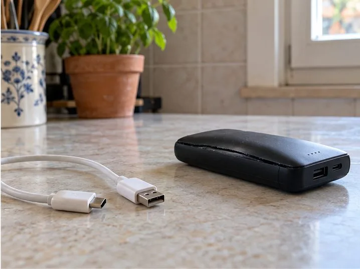 Cavo USB scollegato e power bank con custodia deformata lasciati separati su un piano di pietra