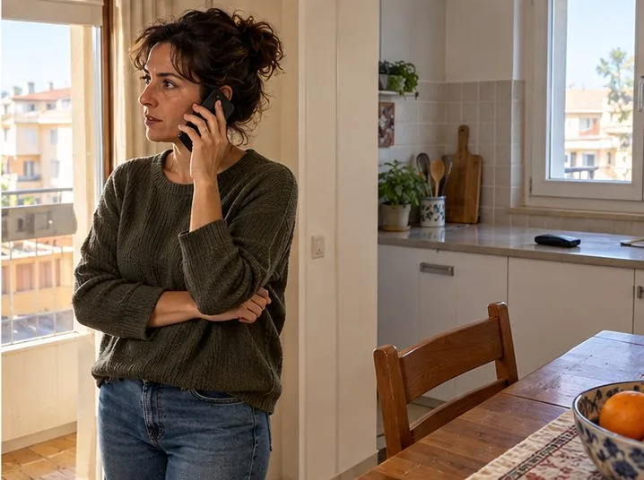 Una persona telefona in cucina mentre una power bank deformata resta appoggiata a distanza su un piano libero