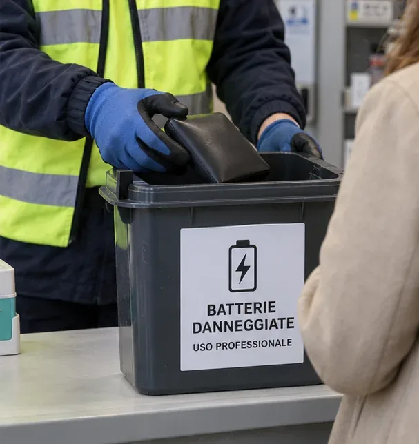 Operatore con gilet ad alta visibilità e guanti deposita una batteria danneggiata in un contenitore professionale dedicato