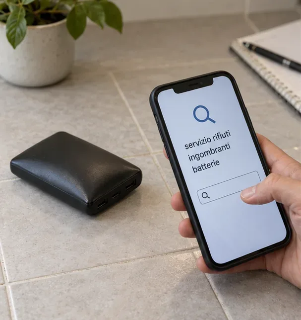 Smartphone con una ricerca generica sul servizio rifiuti e sulle batterie accanto alla power bank isolata
