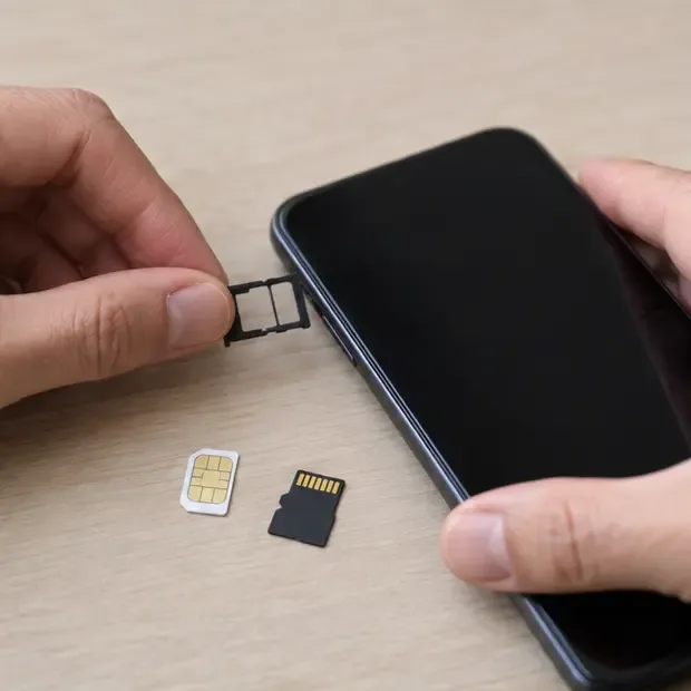 Mani che estraggono il cassetto SIM da uno smartphone spento con SIM e scheda microSD appoggiate sul tavolo