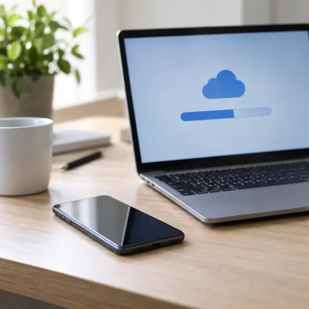 Uno smartphone appoggiato accanto a un computer portatile durante la preparazione del backup dei dati