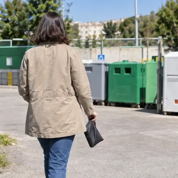 Persona con una custodia contenente uno smartphone che cammina verso un’area comunale di raccolta con contenitori per rifiuti