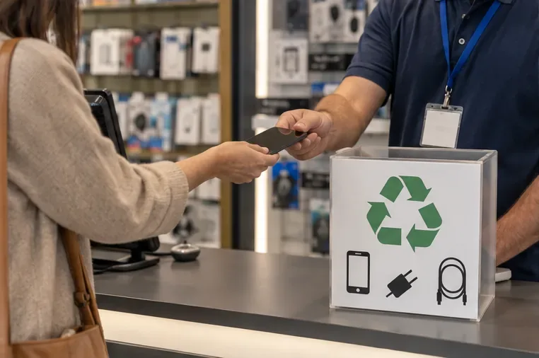 Una cliente consegna un vecchio smartphone al banco di un negozio di elettronica accanto a un contenitore per piccoli dispositivi