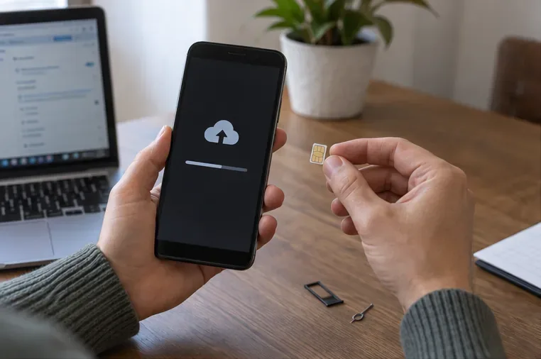 Una persona esegue il backup di uno smartphone e tiene in mano la SIM rimossa prima dello smaltimento