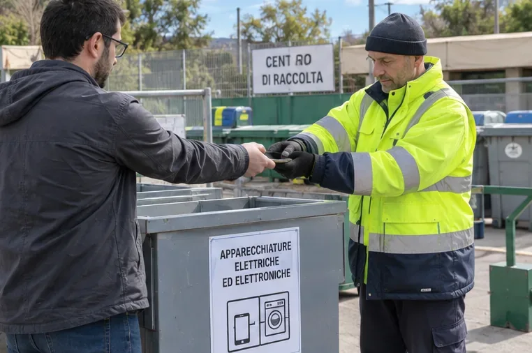 Un cittadino consegna uno smartphone a un operatore presso un centro di raccolta di apparecchiature elettriche ed elettroniche