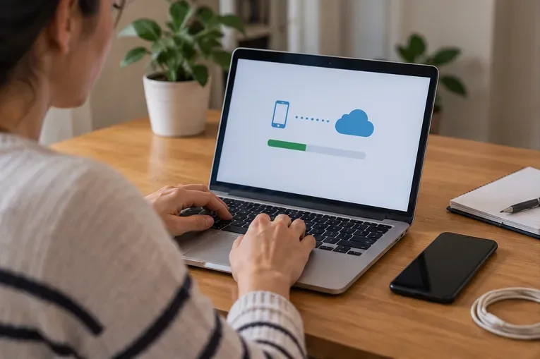 Una persona esegue il backup dello smartphone su un computer portatile prima di cancellare i dati