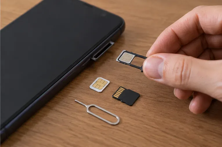 Una mano rimuove dal telefono il vassoio SIM accanto a una SIM e a una scheda di memoria
