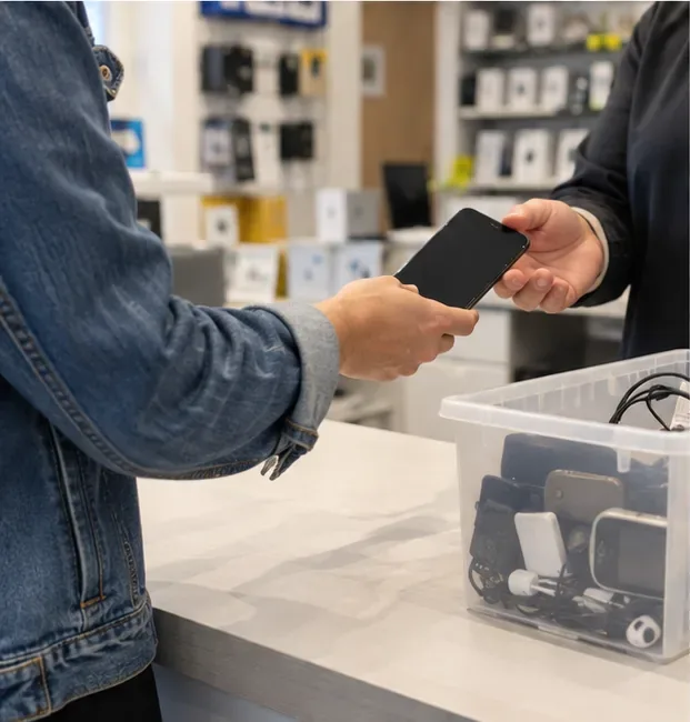 Cliente che consegna un vecchio smartphone al personale di un negozio di elettronica per il ritiro RAEE