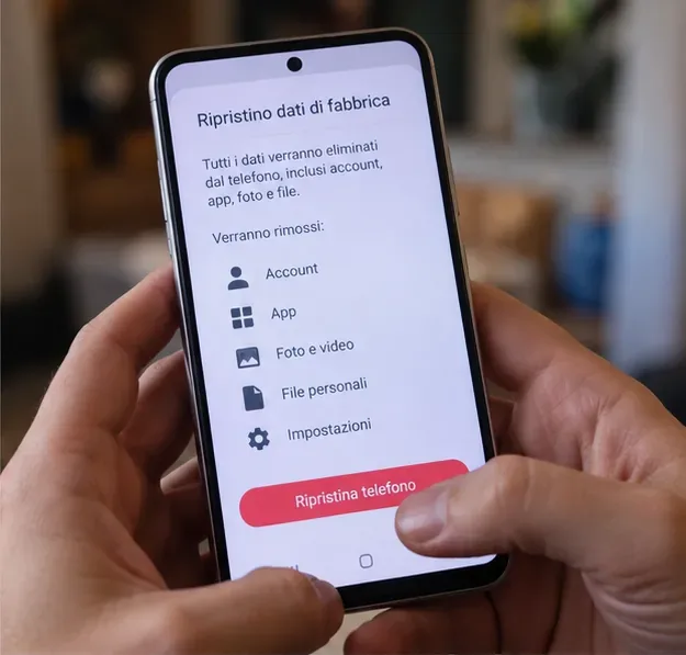 Schermata di ripristino ai dati di fabbrica su uno smartphone prima della dismissione