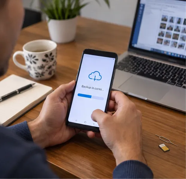 Persona che esegue il backup di uno smartphone prima di smaltirlo, con computer portatile e SIM sul tavolo