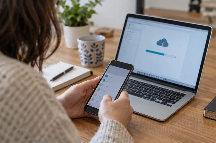 Una persona consulta uno smartphone accanto a un computer prima di consegnare il dispositivo
