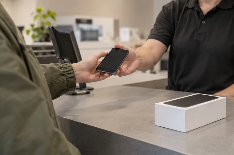 Un cliente consegna un vecchio smartphone a un addetto mentre acquista un nuovo dispositivo