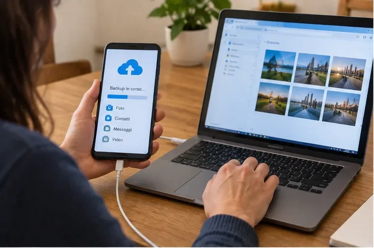 Una persona esegue il backup dei dati di uno smartphone collegato a un computer portatile prima del conferimento