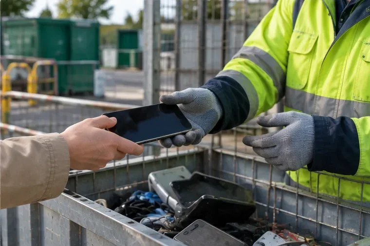Un addetto con guanti riceve uno smartphone usato presso un contenitore dedicato ai piccoli rifiuti elettronici