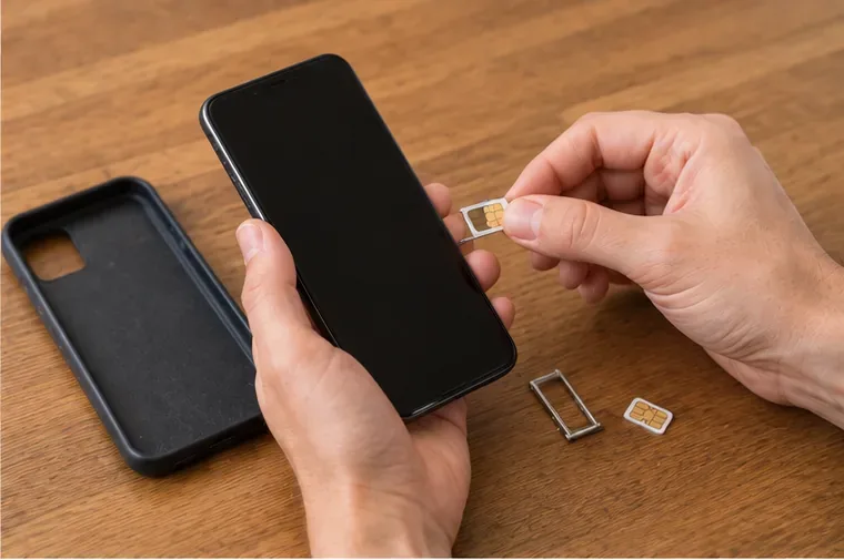 Una persona rimuove la scheda SIM da uno smartphone appoggiato su un tavolo