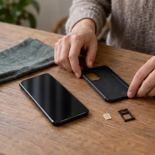 Uno smartphone spento sul tavolo accanto alla custodia e alla scheda SIM rimosse