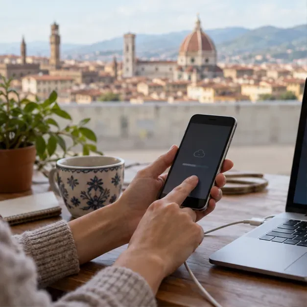 Una persona trasferisce i dati da un vecchio smartphone vicino a un computer prima di cancellarli