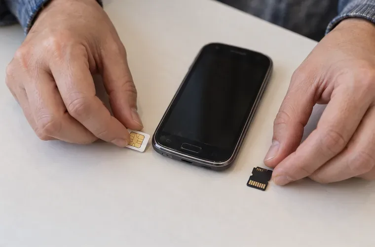 Una scheda SIM e una scheda di memoria vengono rimosse da un vecchio smartphone appoggiato su un tavolo pulito.