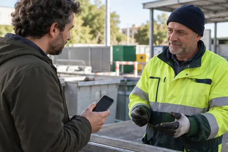 Una residente mostra uno smartphone a un addetto in un centro di raccolta, chiedendo dove consegnarlo.