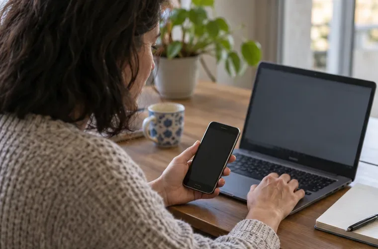 Una persona controlla un vecchio smartphone vicino a un computer portatile prima di trasferire o cancellare i dati.