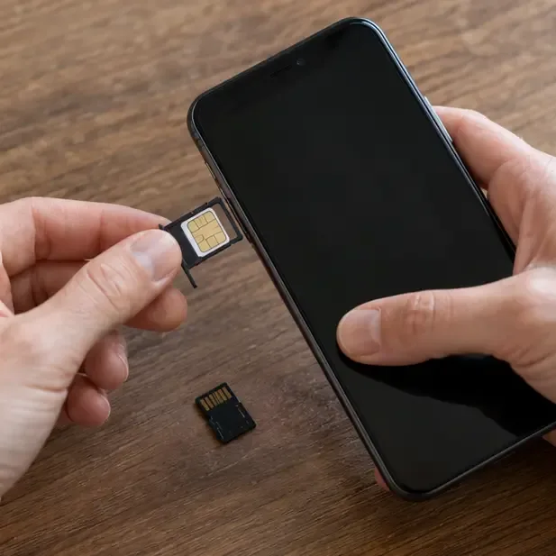 Mani che estraggono la SIM e una scheda microSD da uno smartphone spento