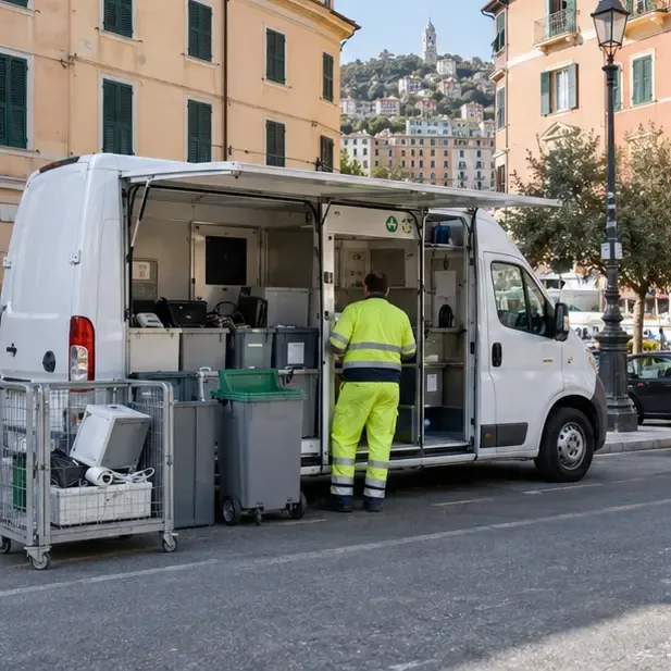 Furgone per la raccolta mobile di piccoli rifiuti elettronici in una strada di Genova